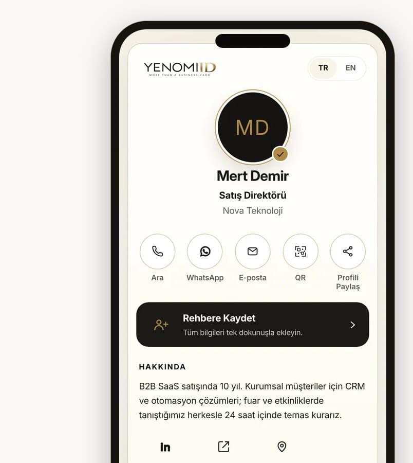 Telefonda açılan Dijital Profil: ad, unvan, şirket ve iletişim butonları